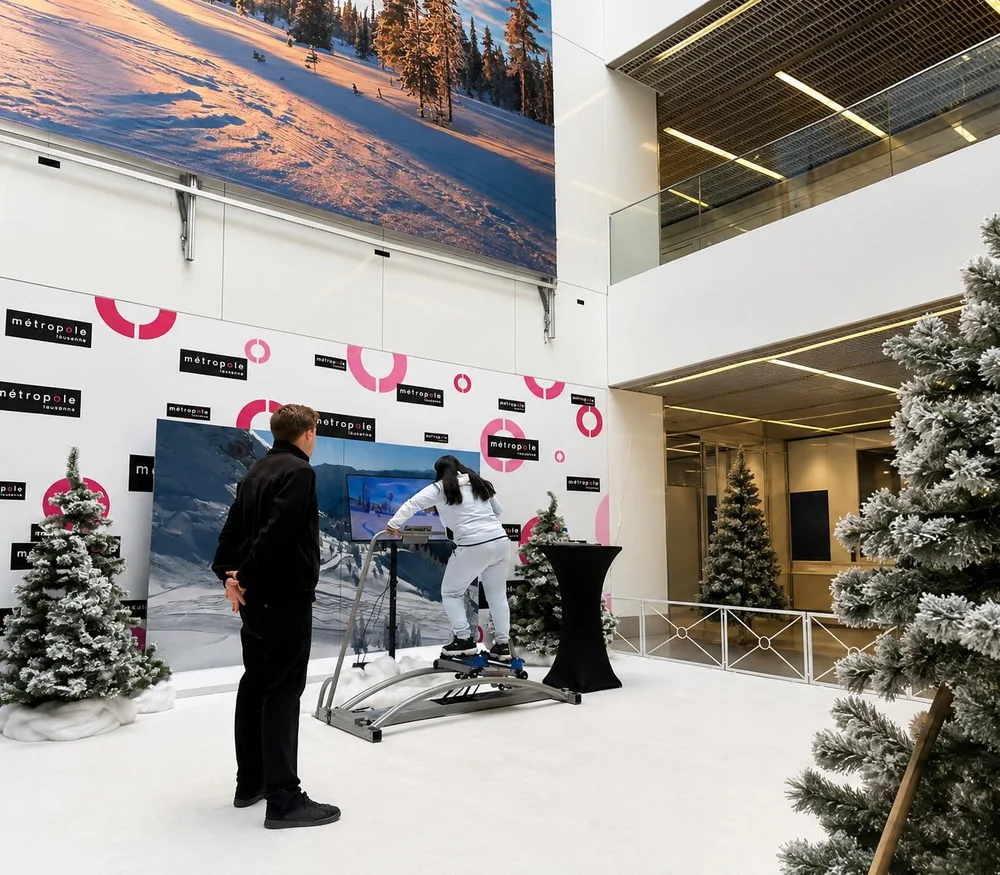 Simulateur de ski installé par Animations Spectacles dans un centre commercial lausannois