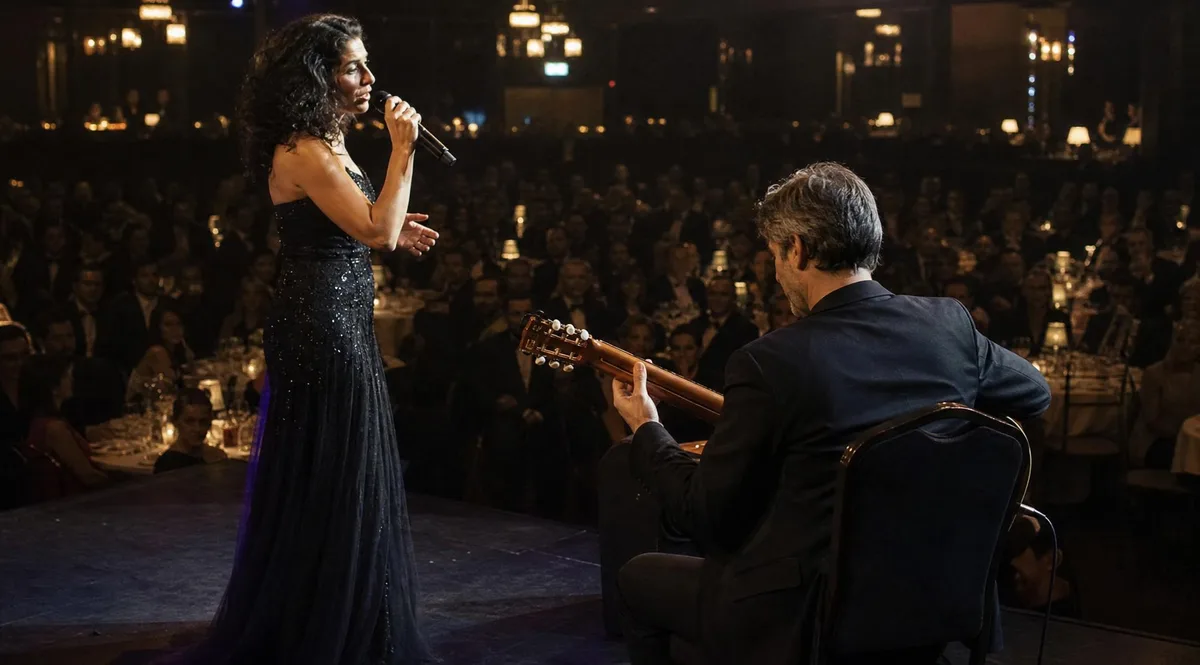 Concert privé lors d'une soirée d'entreprise — duo chant et guitare sur scène